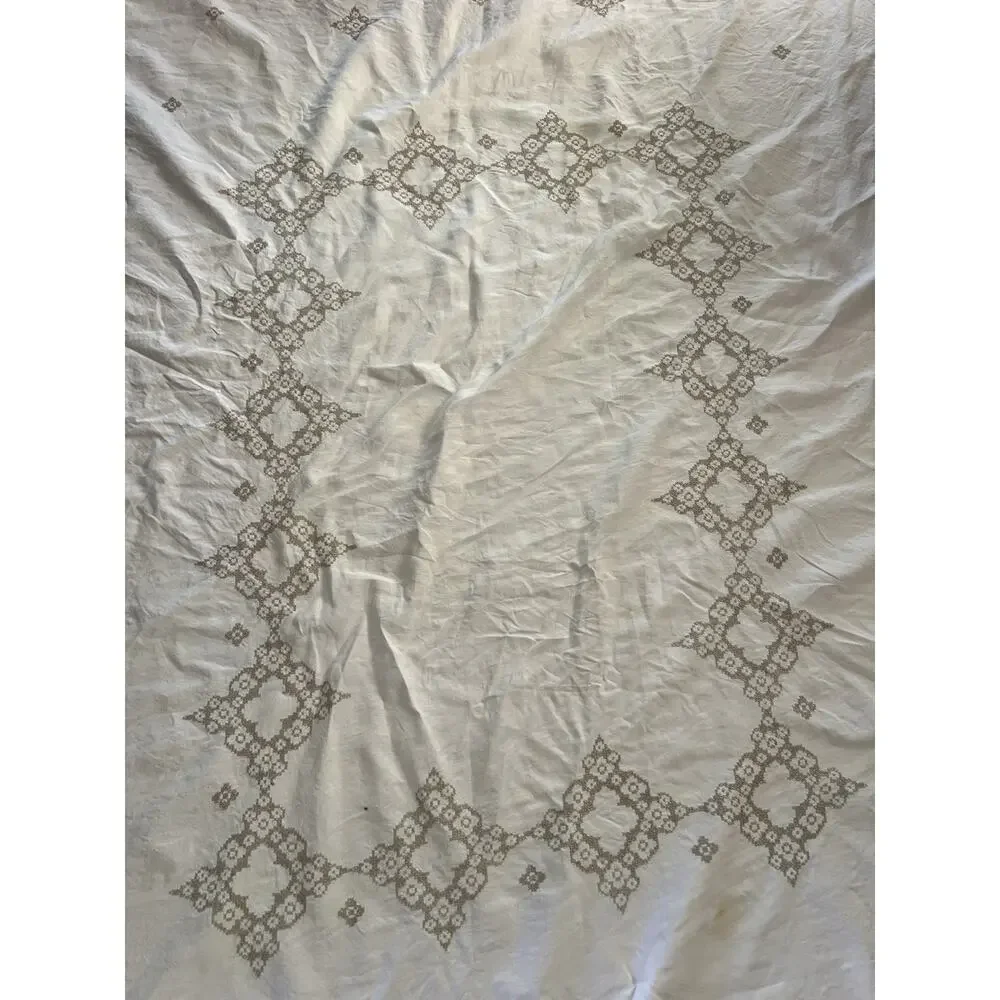 Vintage White Embroidered Cross Stitch 100% Linen Tablecloth 76x64 - Read Flawed