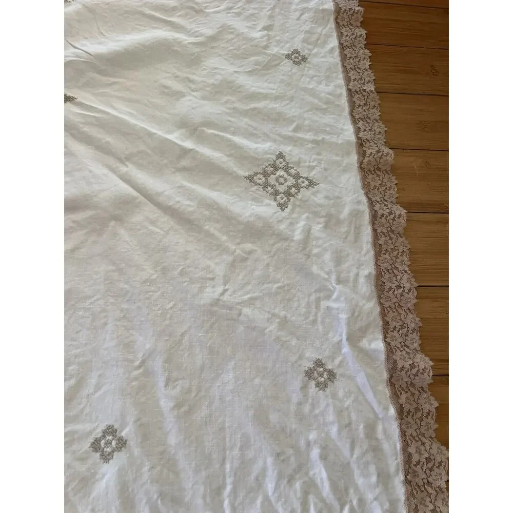 Vintage White Embroidered Cross Stitch 100% Linen Tablecloth 76x64 - Read Flawed
