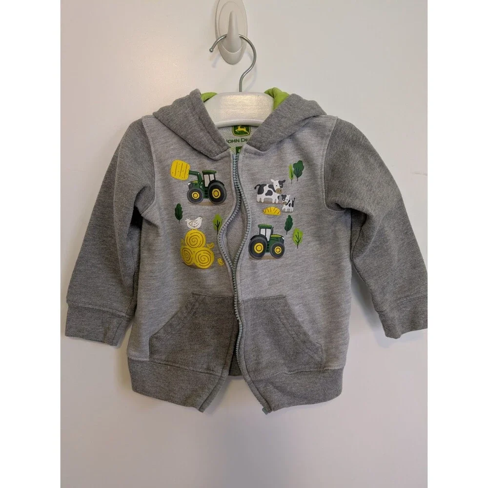 John Deere Toddler Gray Tractor Front Zip Hoodie Sweatshirt 18M Farm Animal Cows