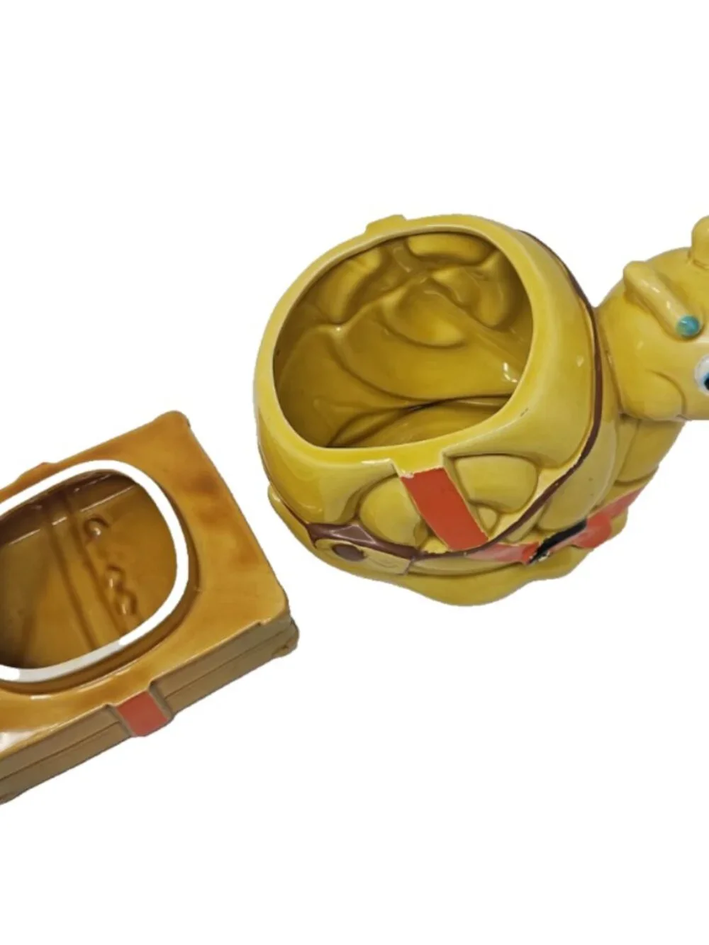 Vintage 1970 Cookie Jar Smiling Snail Suitcase Luggage Japan Harvest Gold Orange