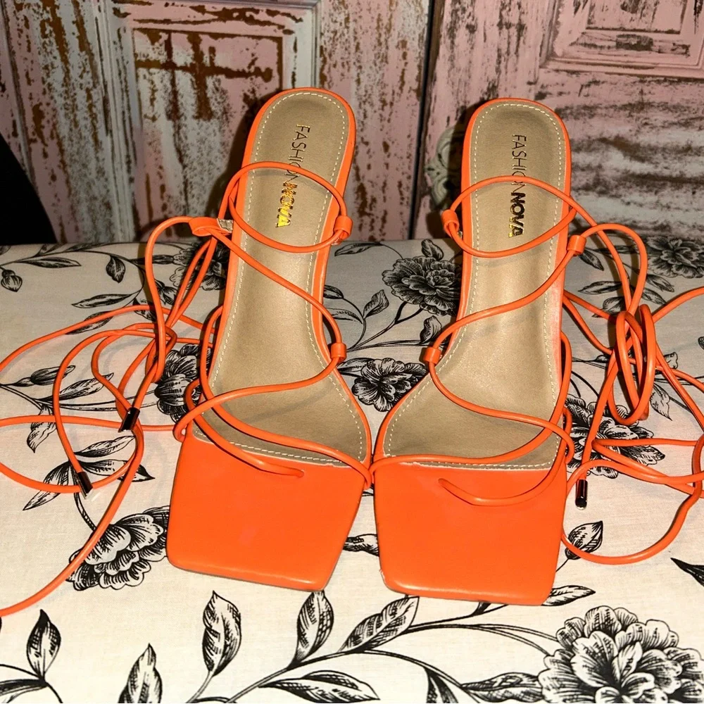 Fashion Nova Women’s Bold Orange Strappy Heels