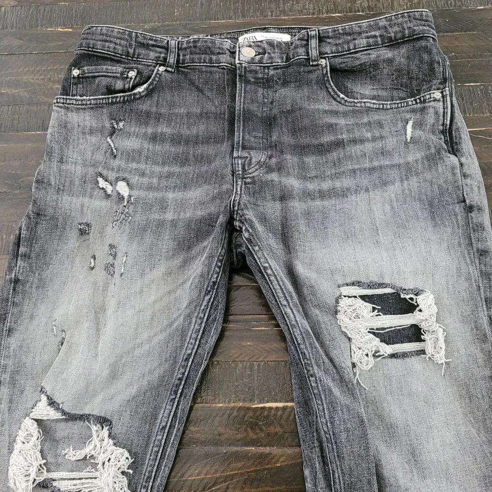 Zara Men’s Grey Acid Wash Skinny Jeans US 36 Distressed Slim Fit Streetwear