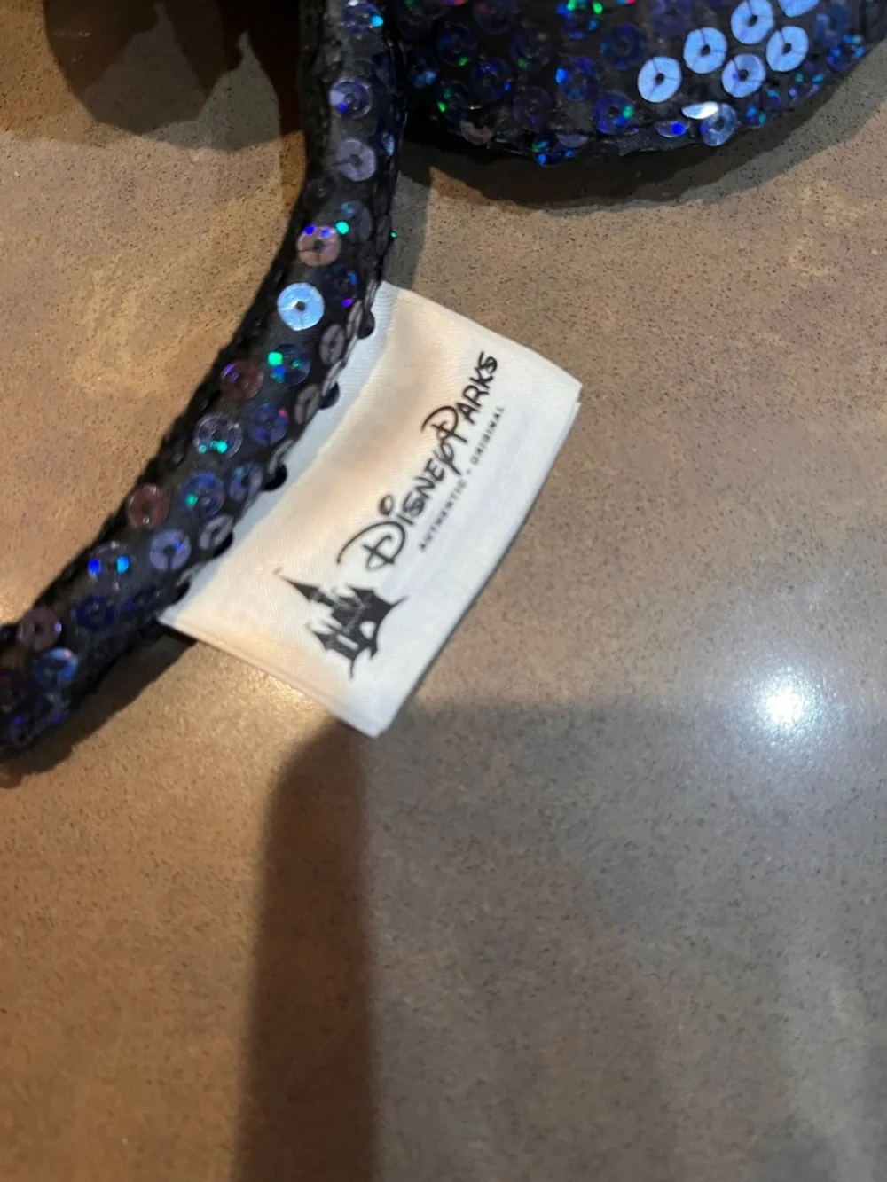 Disney Parks Iridescent Blue & Purple Sequin Minnie Ears, Gold Bow