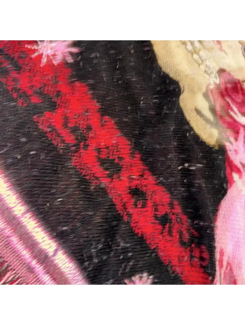 Vintage Barbie pink and black acrylic blanket with graphic of a woman with a cat