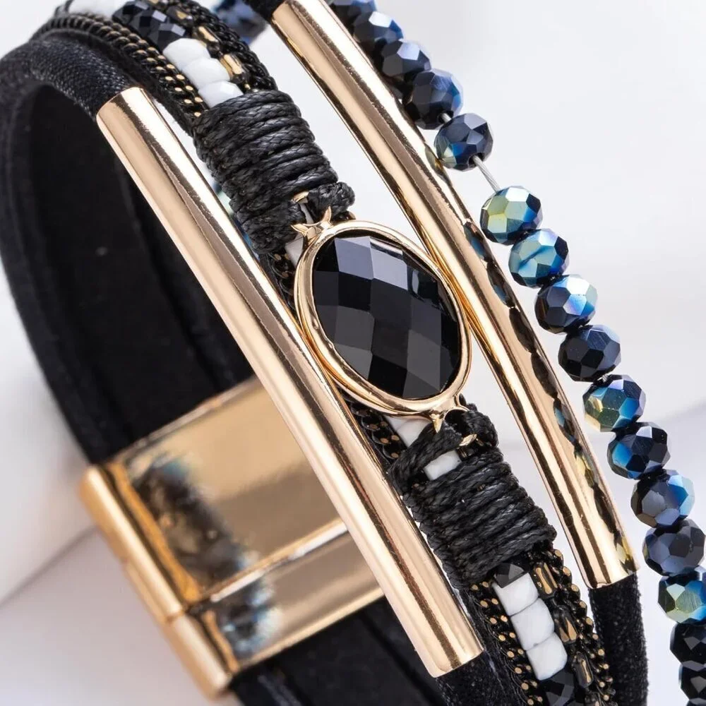 Leather Wrap Bracelet Crystal Beads Boho Cuff Charm Jewelry for Women