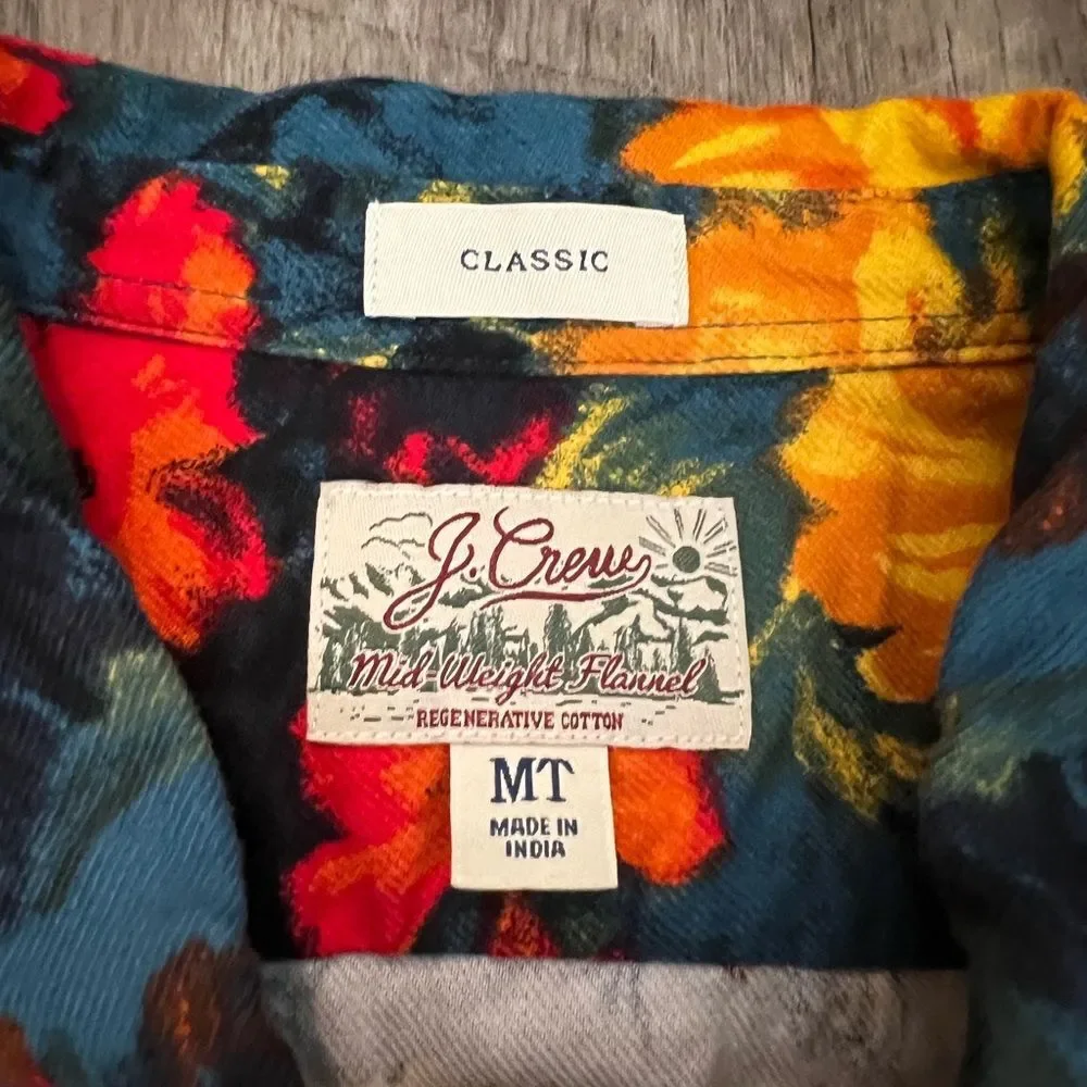 J. Crew Mens Floral Mid-Weight Flannel Shirt Cotton Classic Long Sleeve Size MT