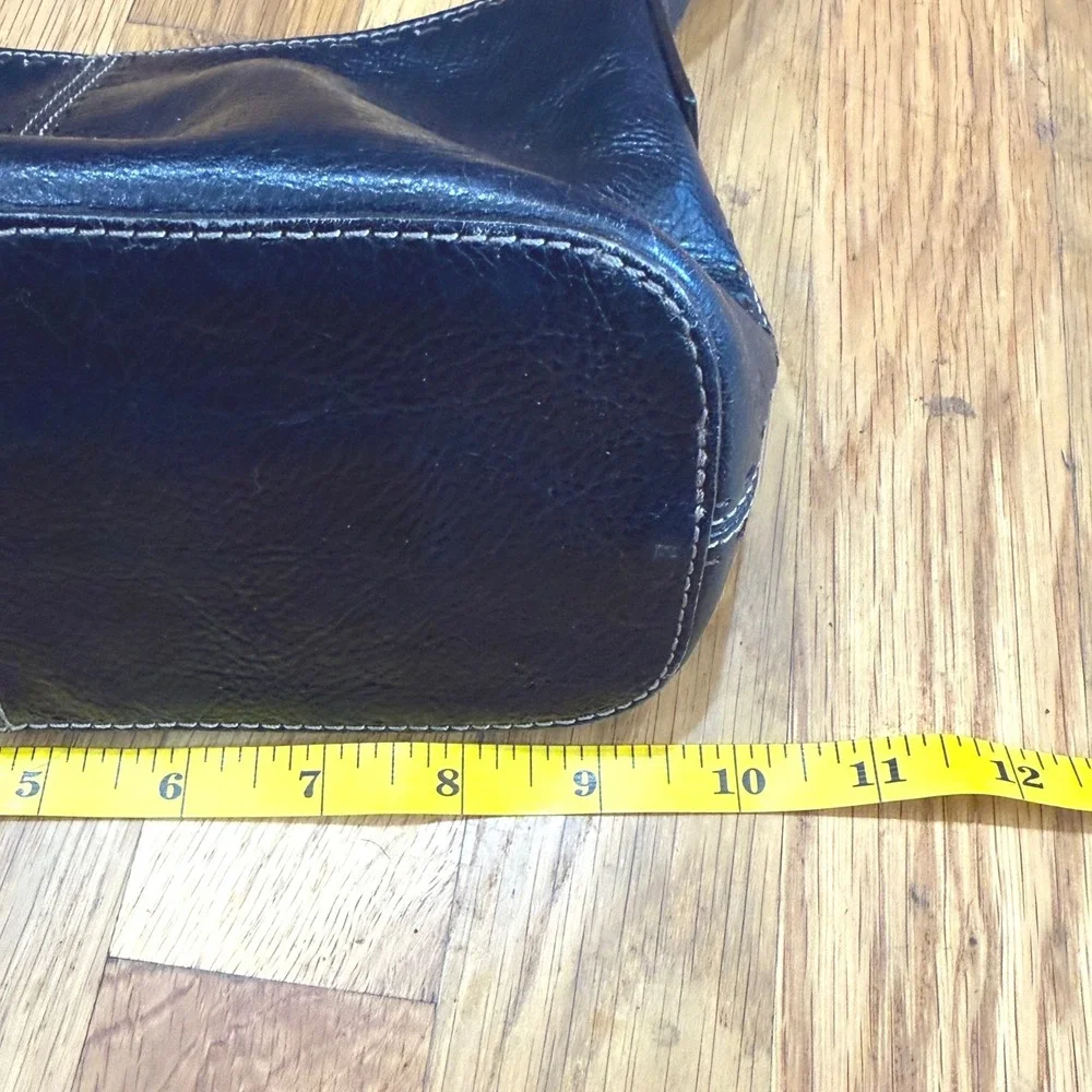 Fossil Black Genuine Leather Shoulder Bag Contrast Stitching Vintage 90s Style