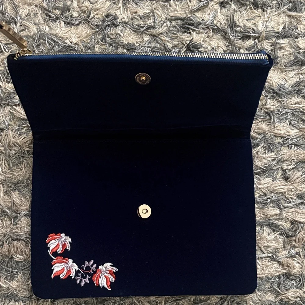 Luxury Handmade Embroidered Sapphire Blue Velvet Clutch, Gold Hardware