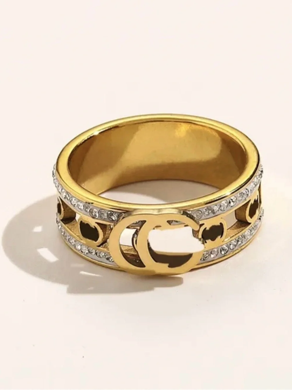 New ~ Designer Look Two Tone PAVE CRYSTAL RING ~ 18K Gold Plated ~ Size 8