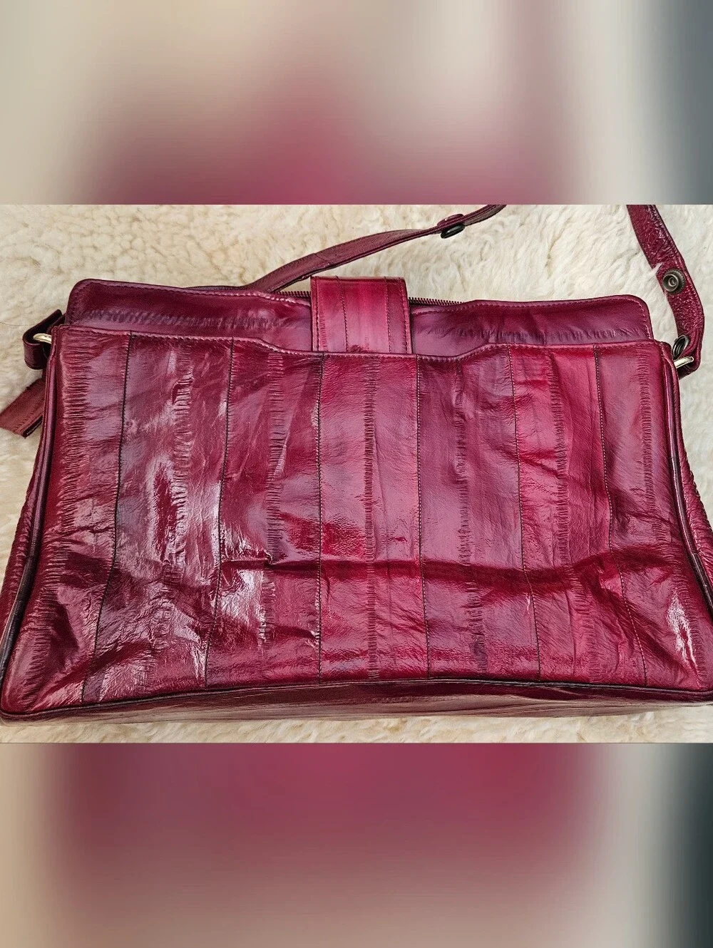 Vintage Genuine Eel Skin Leather Shoulder Bag Clutch Burgundy Oxblood
