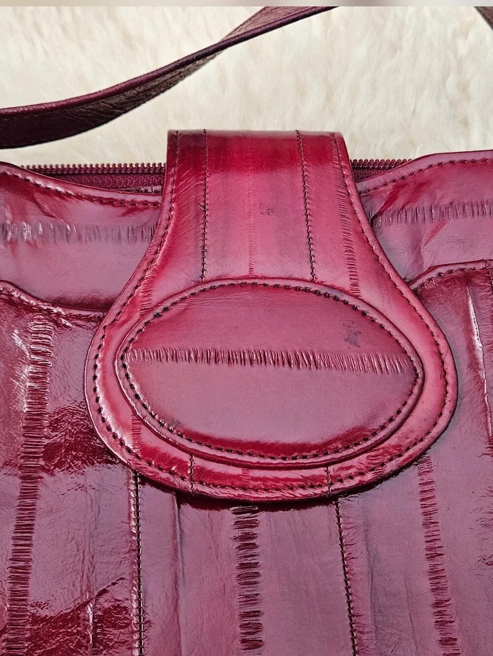 Vintage Genuine Eel Skin Leather Shoulder Bag Clutch Burgundy Oxblood