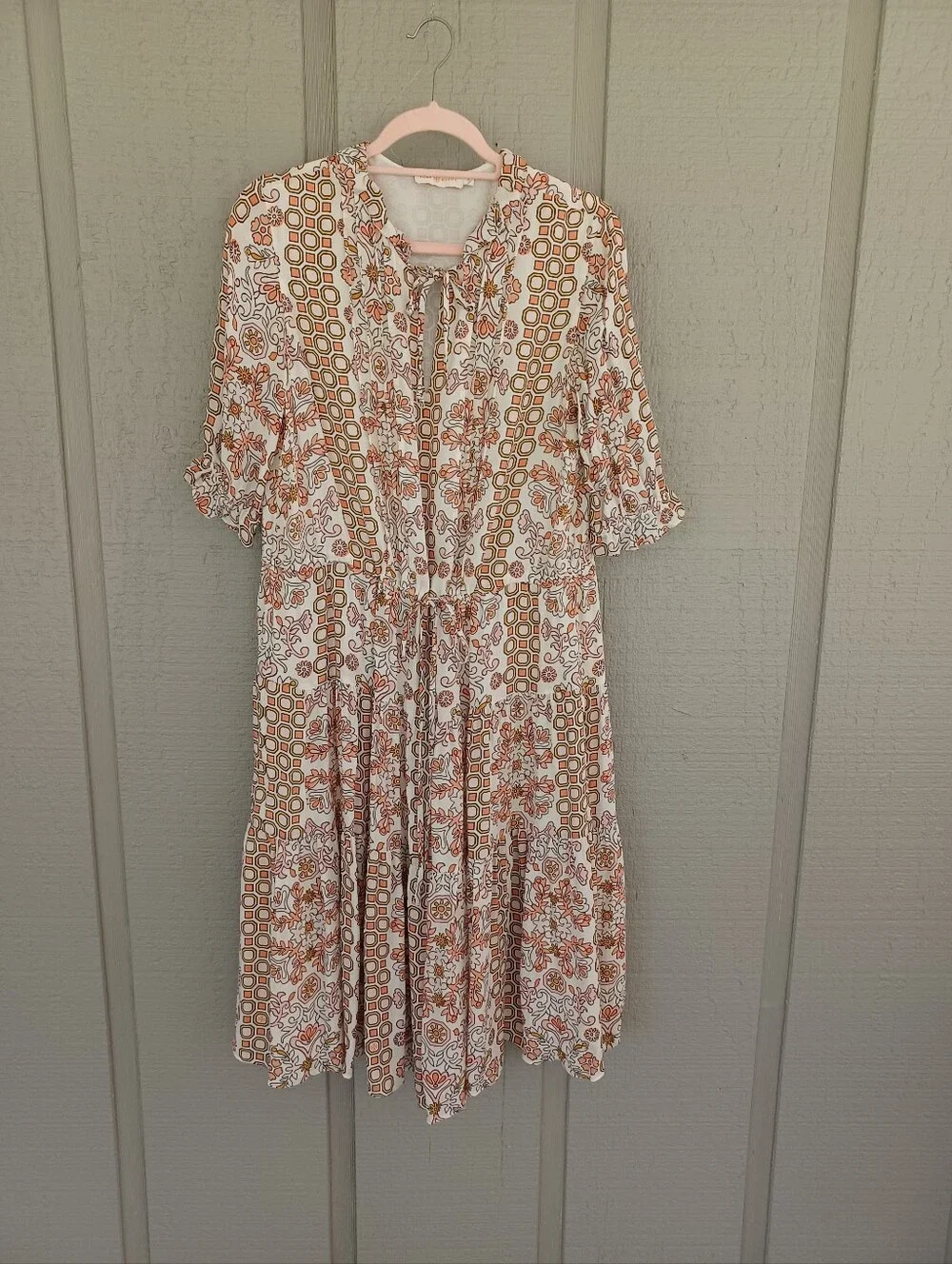 Tory Burch Serena Print Silk Dress Size 6 Women Drawstring Tie Neck Feminine