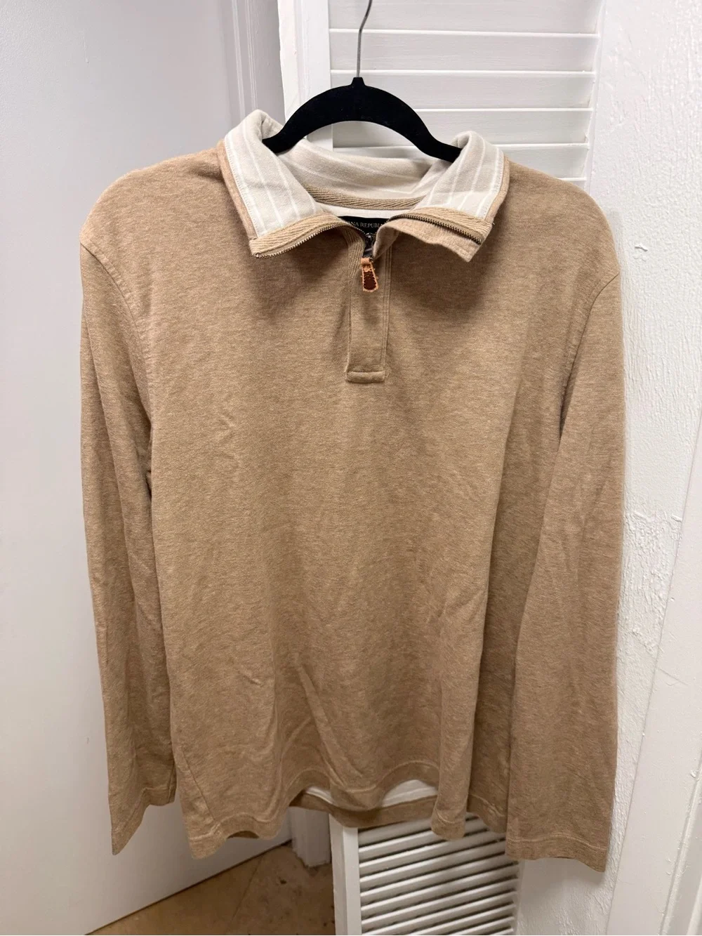 Banana Republic Mens 1/4 Zip Pullover Tan Khaki Mock Neck Cotton Sweater Size L