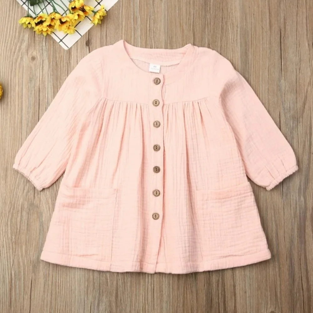 Toddler Girl Light Pink Button-Down Muslin Dress Long Sleeve Boho Cottagecore