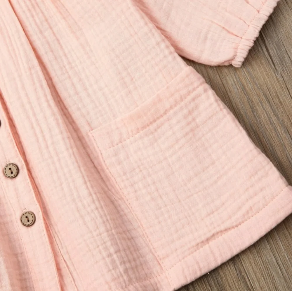 Toddler Girl Light Pink Button-Down Muslin Dress Long Sleeve Boho Cottagecore