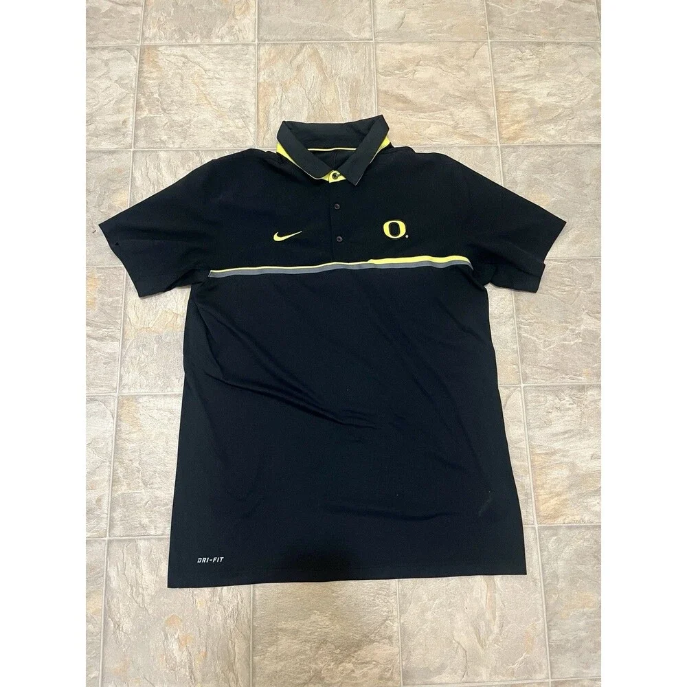 Nike Oregon Ducks Dri-FIT Polo Shirt Mens Large Black Yellow Swoosh Golf Tee