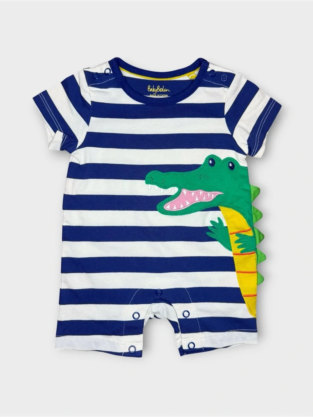 Mini Boden Crocodile Applique White & Blue Striped Romper