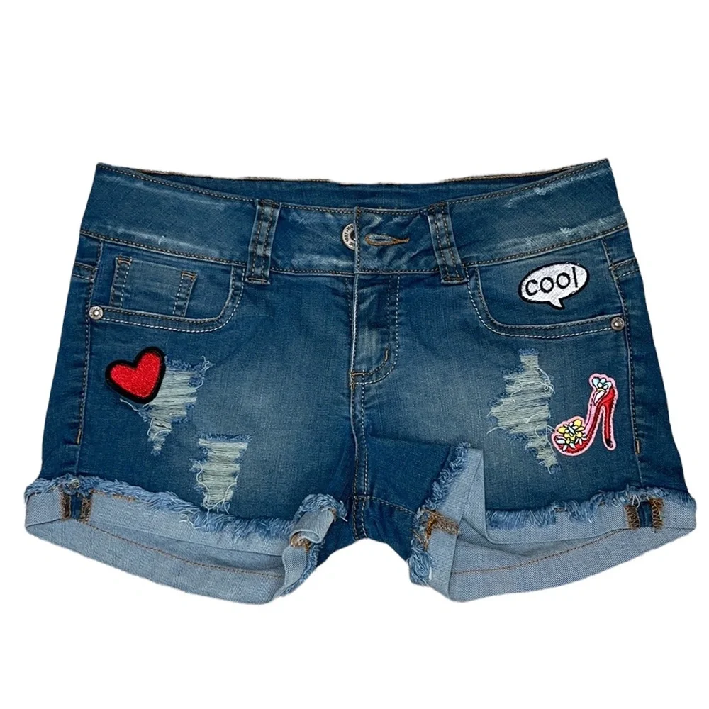 Nauty Blue Distressed Denim Shorts Light Wash Girls Size Small S Patches