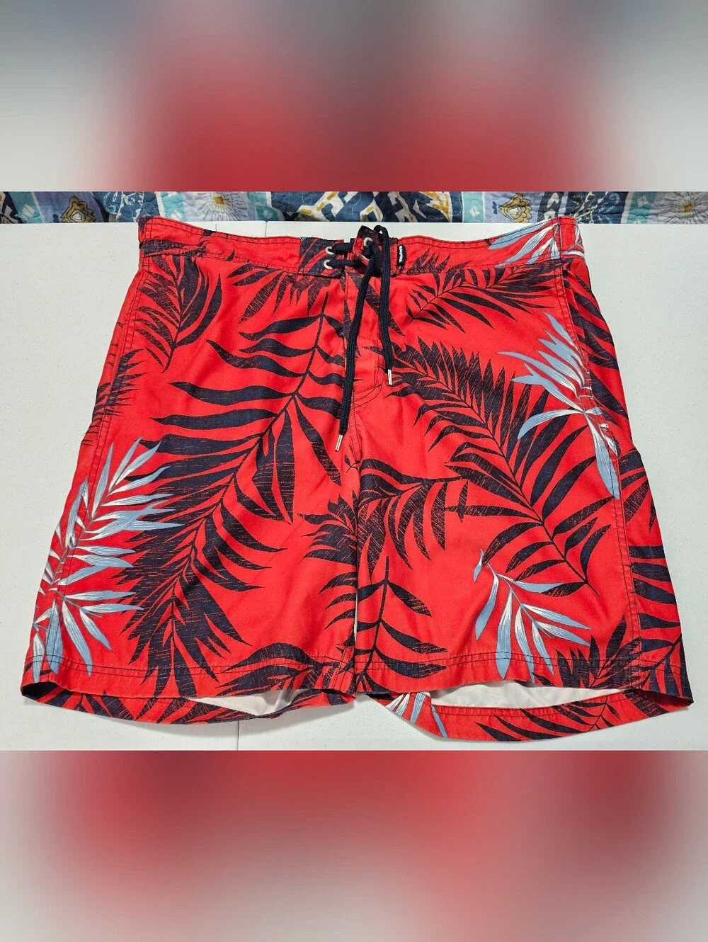 Nautica Red Swim Shorts with Black and Light Blue Tropical Leaf Print Large
