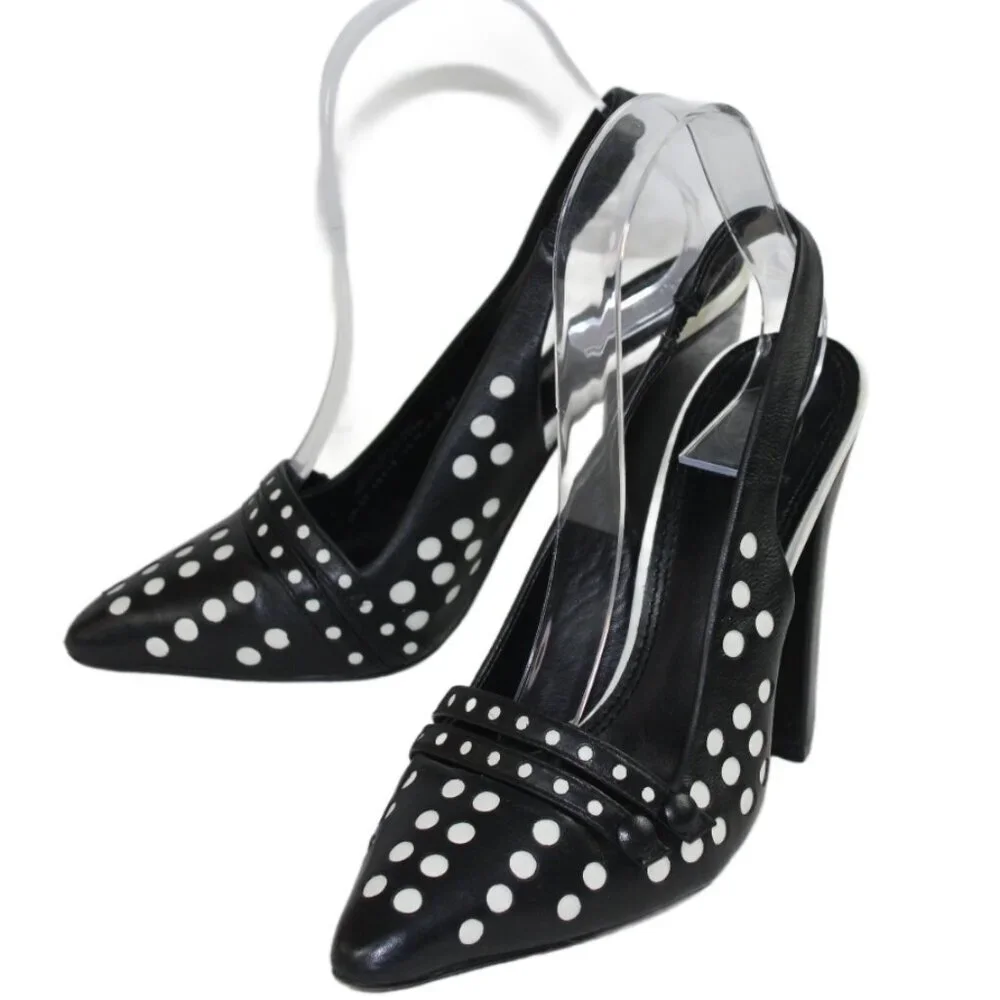 Tory Burch Kay Black Ivory Polka Dot Leather Sling Back Heels, Size 6.5