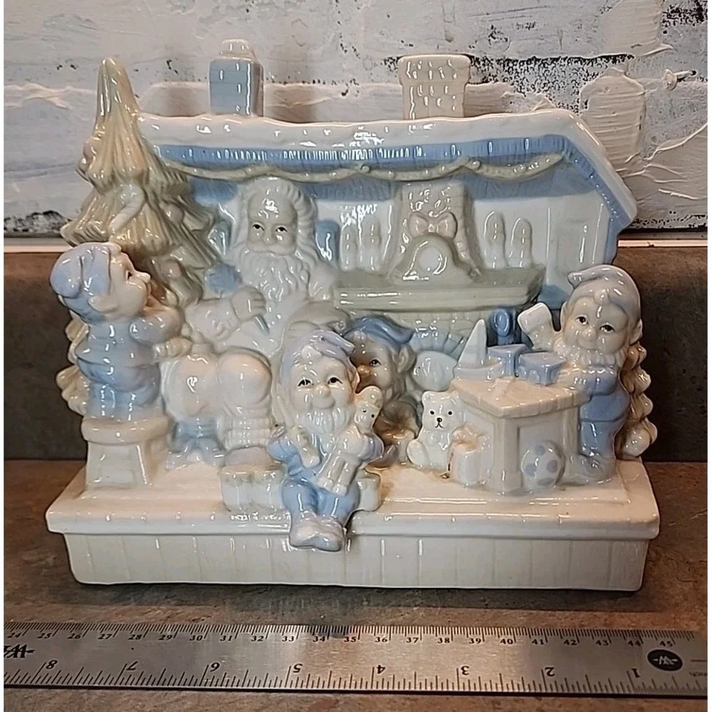 Vintage Porcelain Santa Workshop Christmas Musical White Christmas Blue 7x9(S16)
