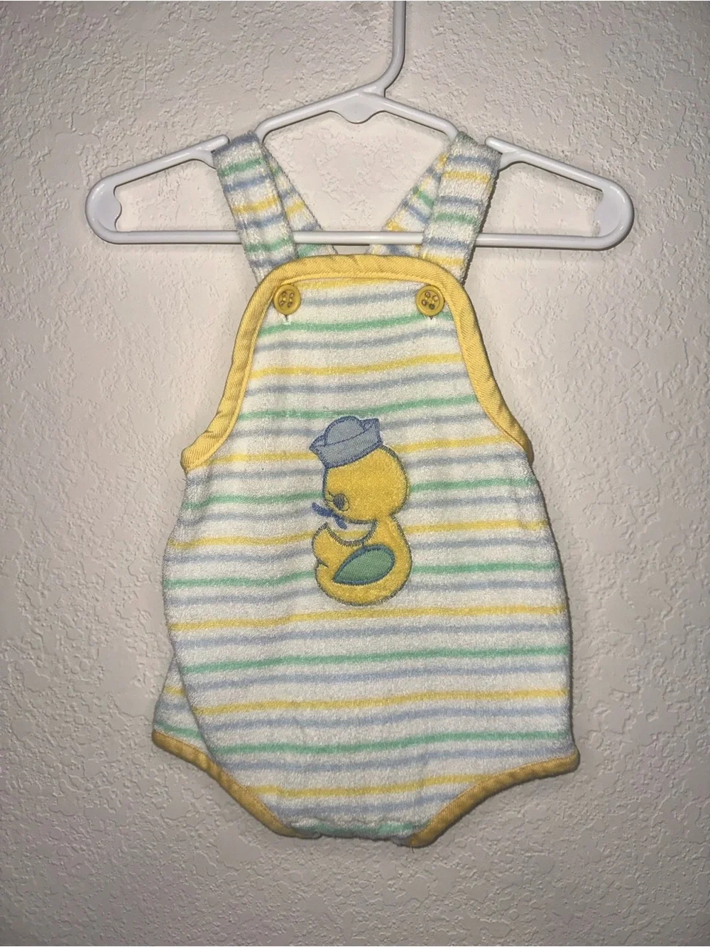 Vintage health-tex Pastel Striped Baby Romper with Duck Applique Size 9 Months