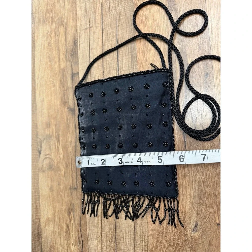 La Regale Black Beaded Fringe Evening Crossbody Bag Vintage Formal Clutch