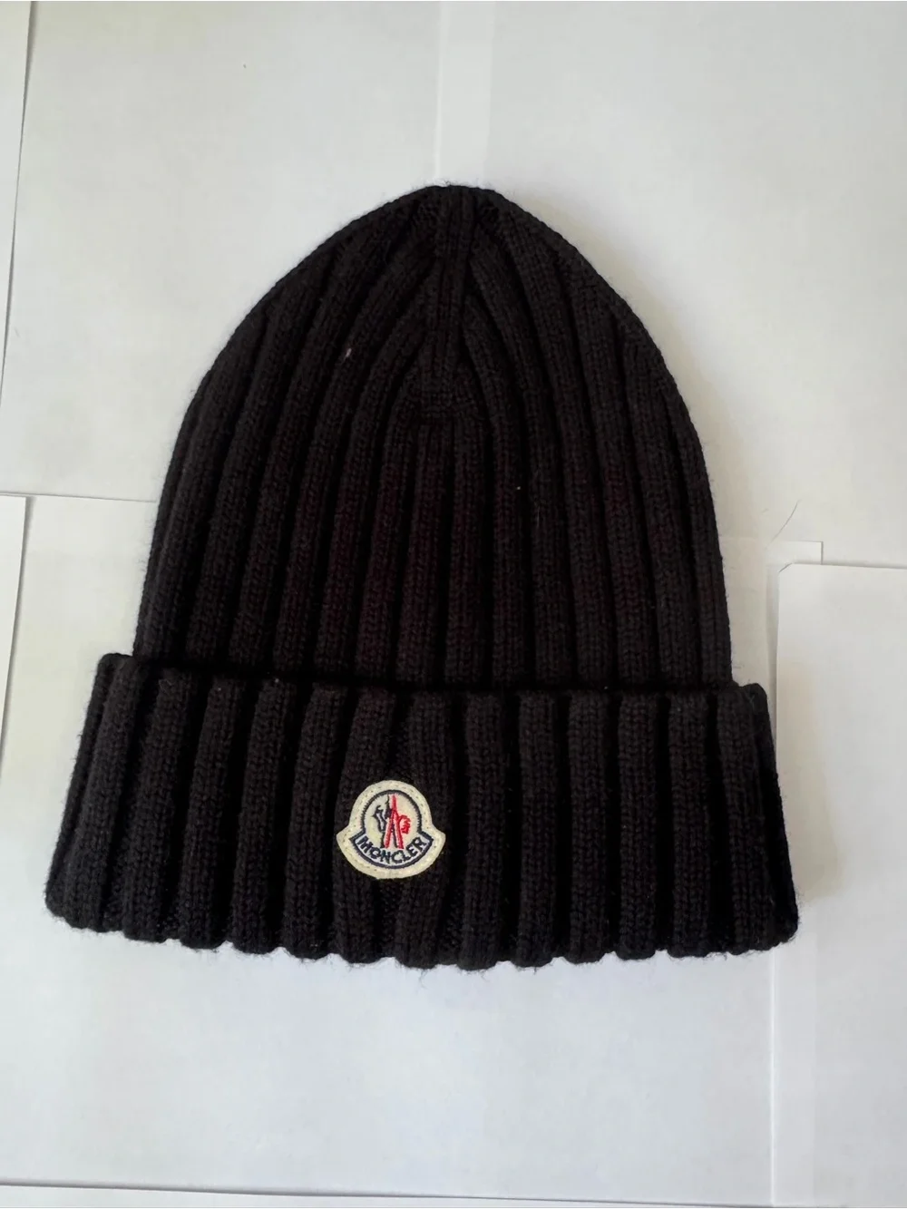 Moncler Black Ribbed Cuffed Beanie with Logo Patch