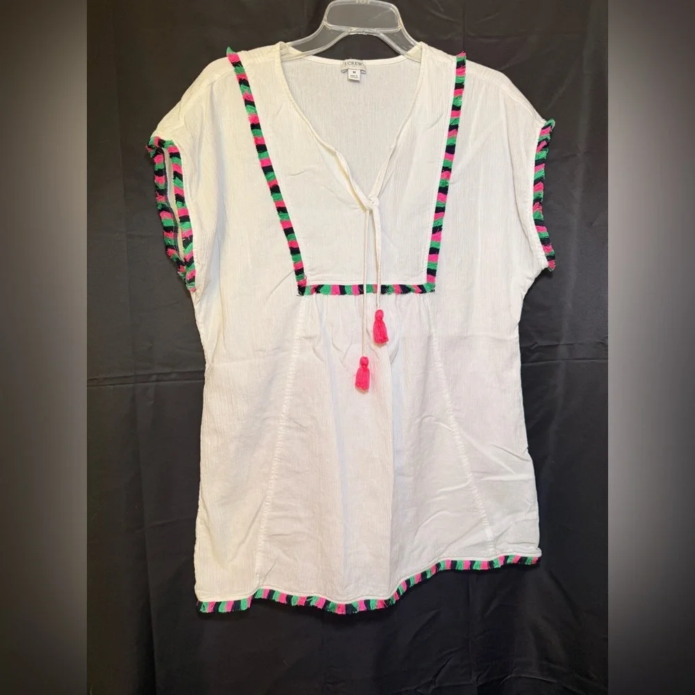 J. Crew MEDIUM Tunic Cover Up White Crepe Colorful Front V Neck Tassels Beach
