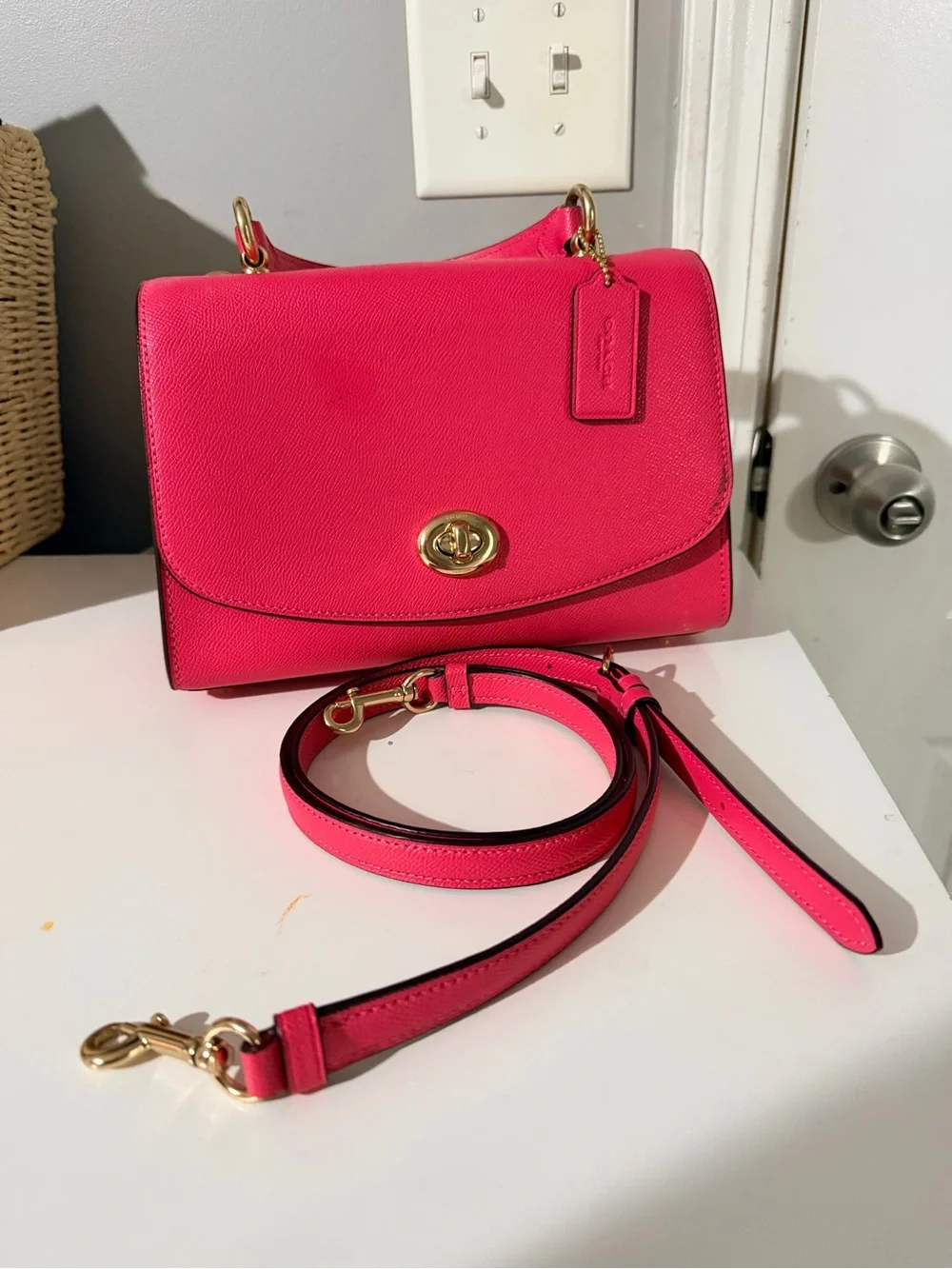 Coach Bright Pink Leather Top-Handle Crossbody with Gold Hardware