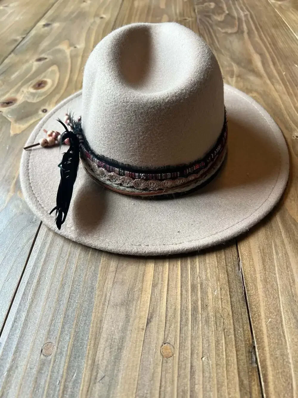 IN Designer Boho Style Tan Wide Brim Fedora Hat with Decorative Beaded Band and