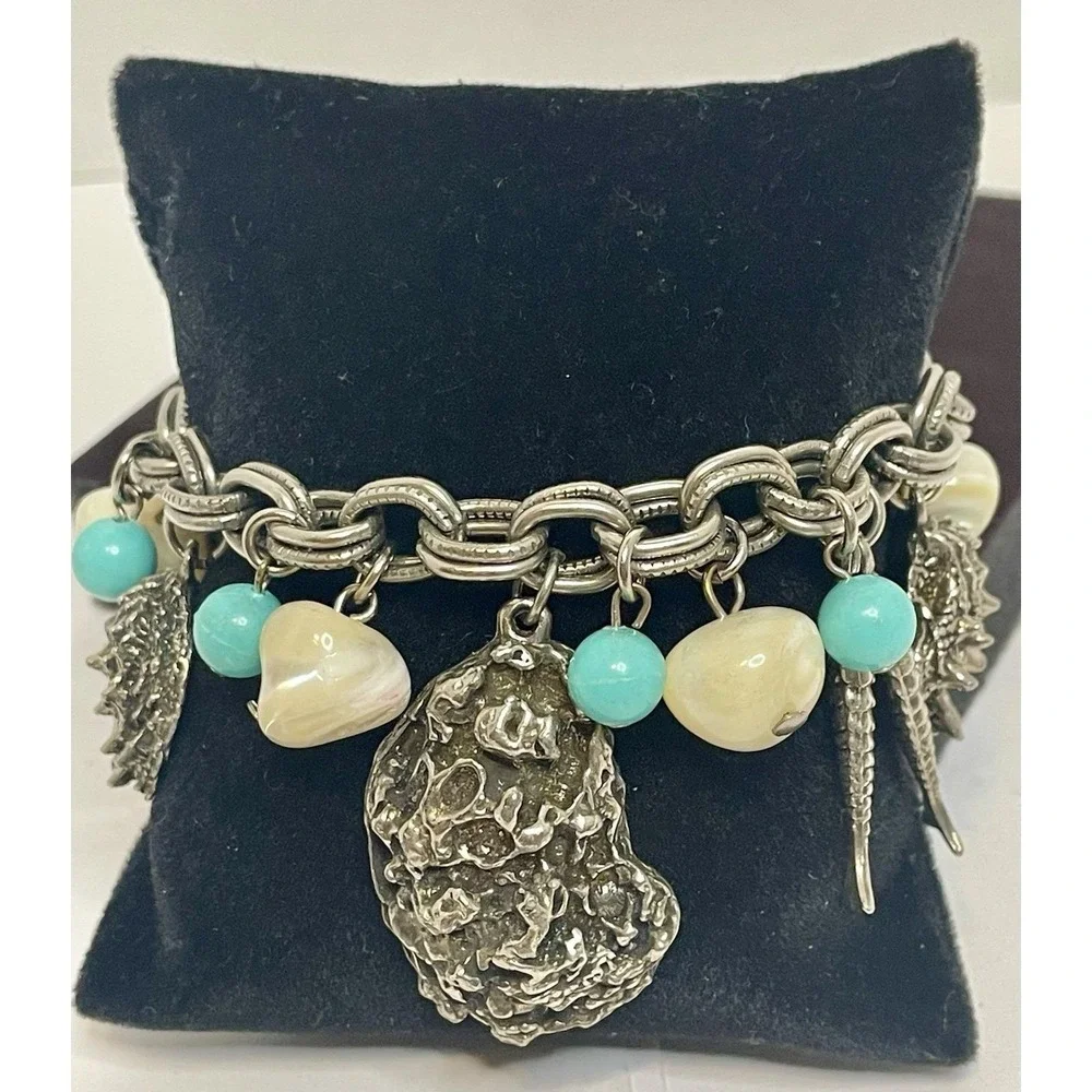 Vtg. German Seashell Charm Bracelet Silver Tone 7