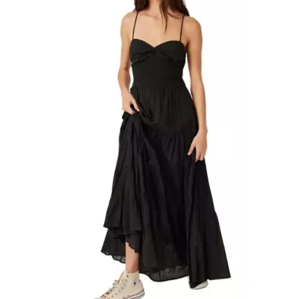 Free People Sundrenched Solid Maxi Dress Tiered Sleeveless Black Smocked  XS