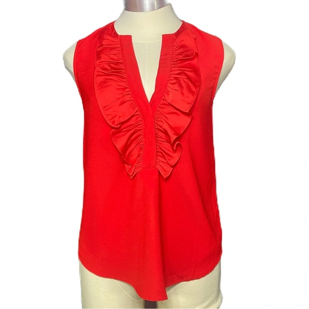 J. Crew Red Sleeveless Ruffle V-Neck Blouse