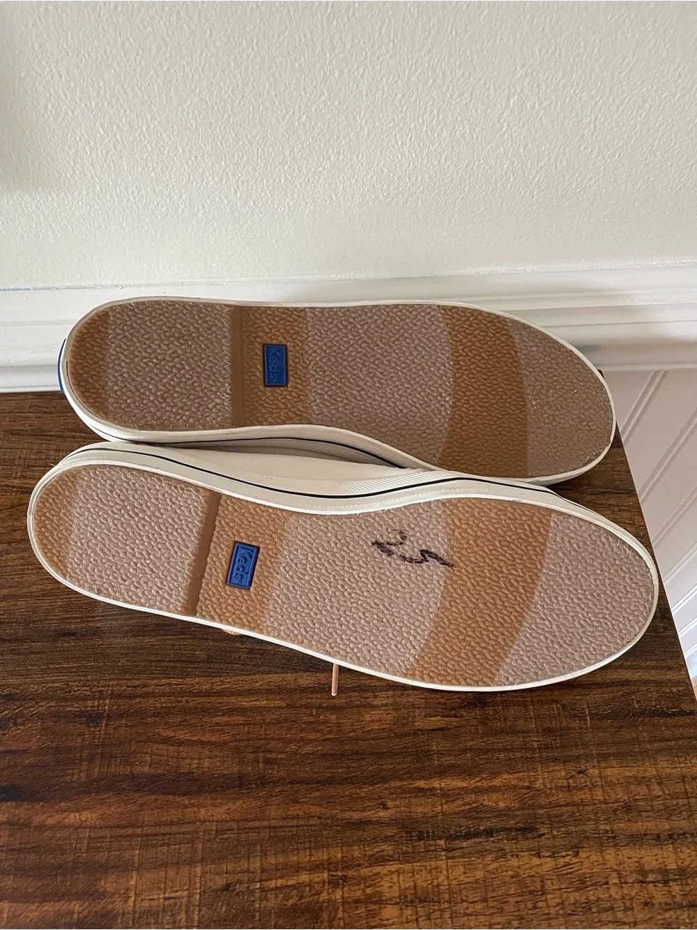 Keds White Canvas Sneakers with Red Stitching and Tan Laces