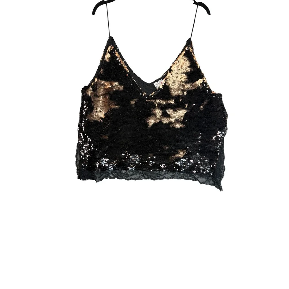 Intimately Free People Sequin Lace Trim Camisole Top Black Gold Large V-Neck