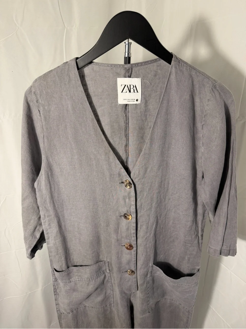 ZARA Light Gray Linen Button Front Jumpsuit