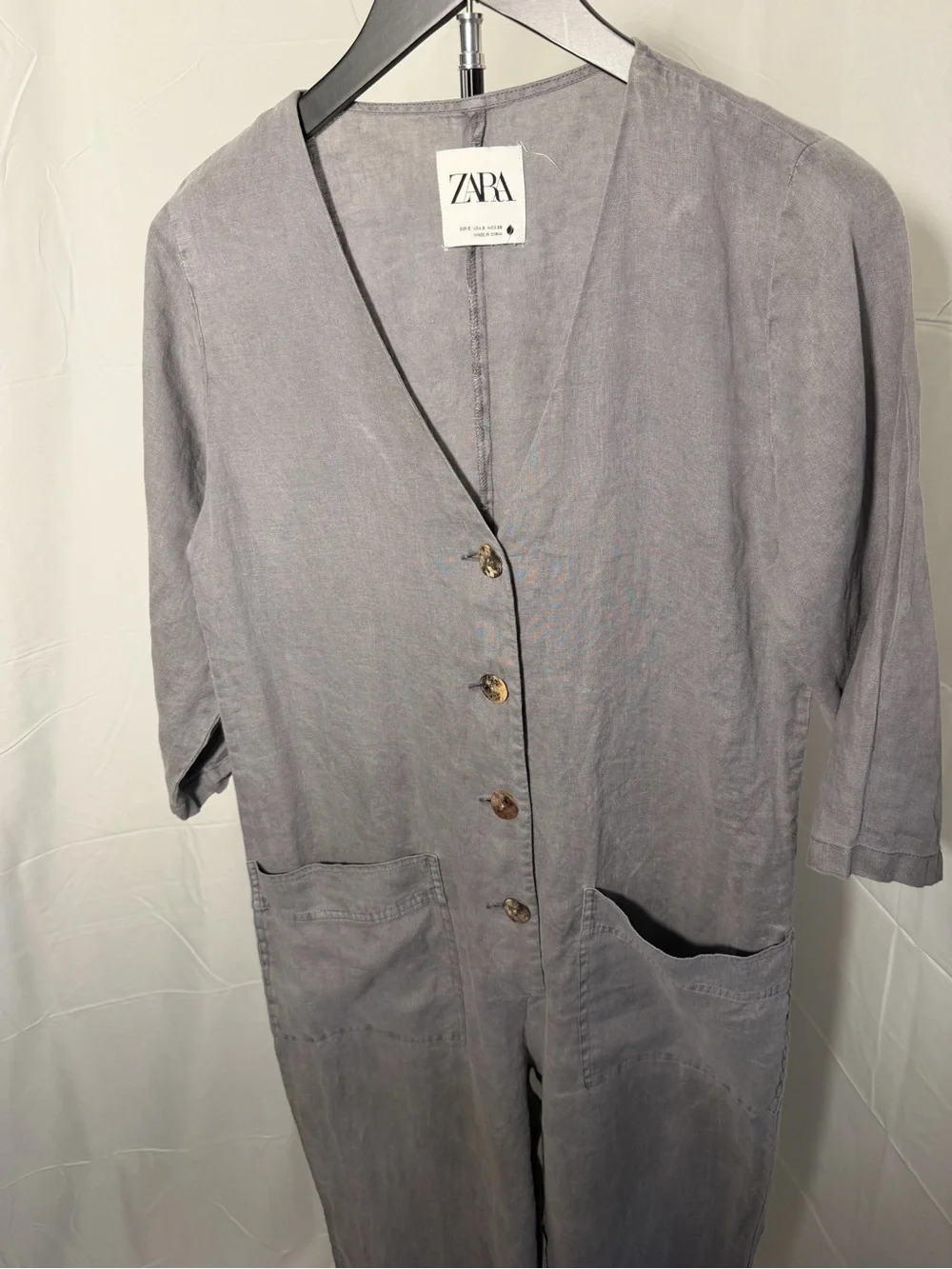 ZARA Light Gray Linen Button Front Jumpsuit