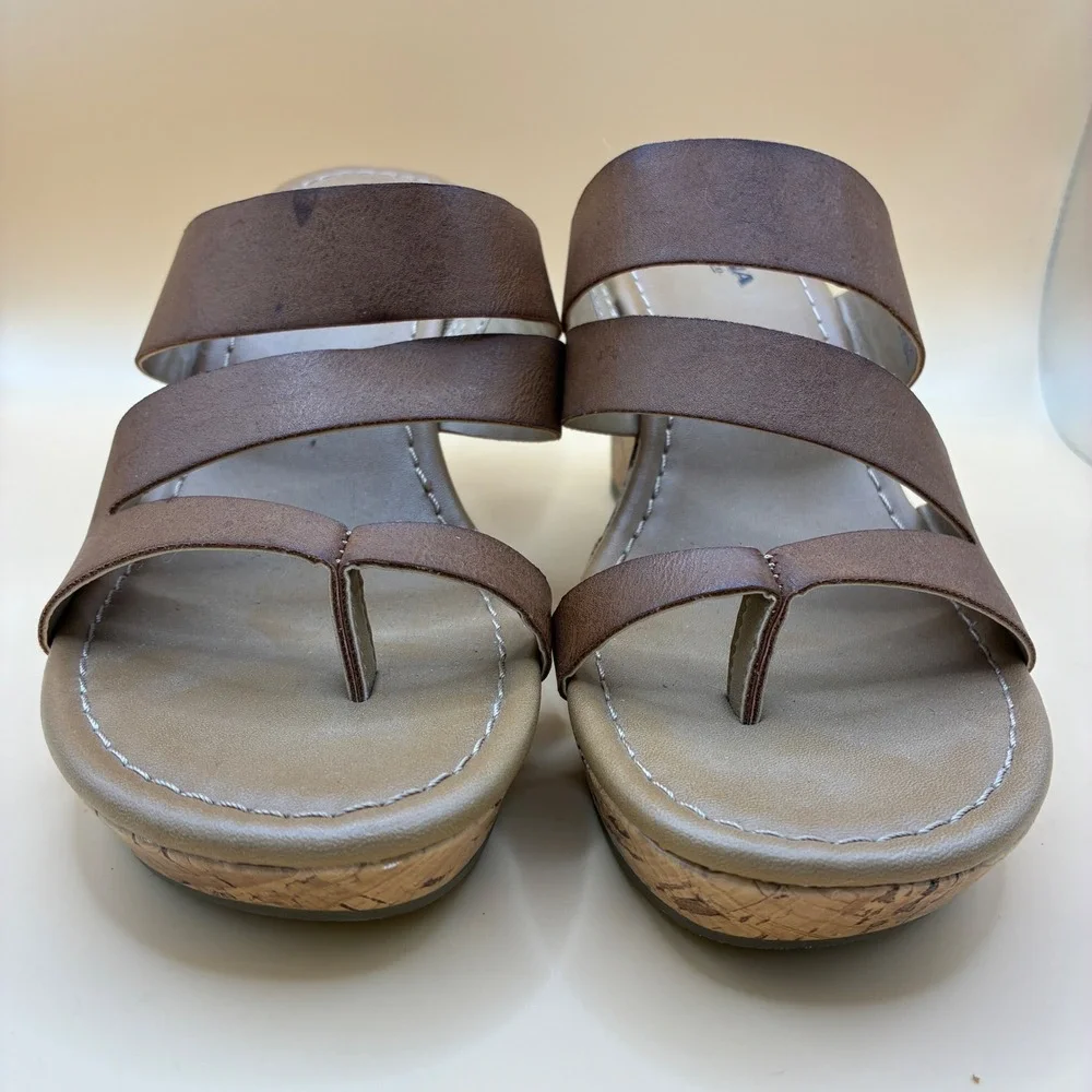Arizona Womens Wedge Sandals Size 7.5 Faux Leather Brown Cork Heel Strappy Boho