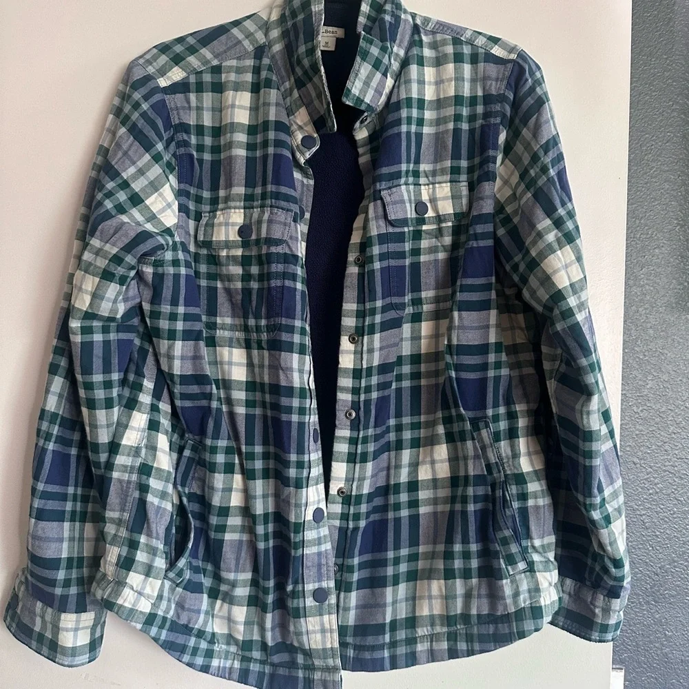 L.L.‎ Bean Navy, Green & White Plaid Fleece-Lined Shirt Jacket