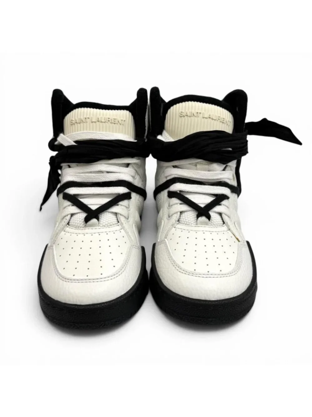 Saint Laurent Smith Logo Embroidered Lace Up Leather High Cut Sneakers White