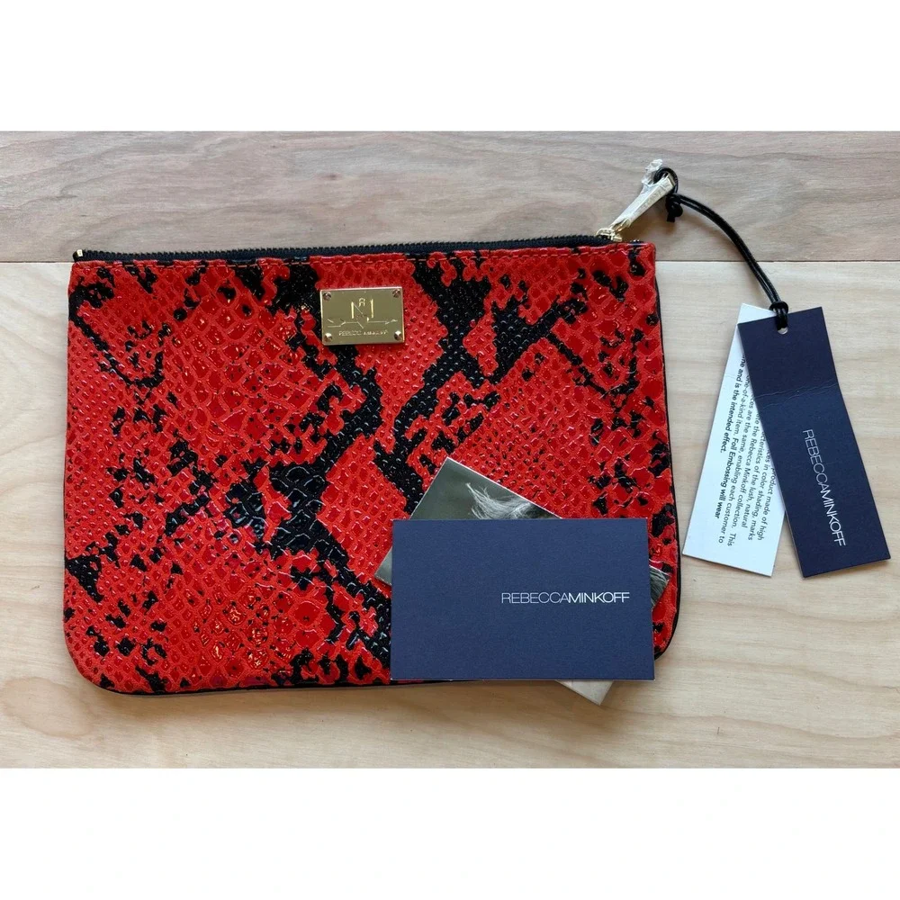 Rebecca‎ Minkoff Erin Clutch Red Black Fluoro Snake Leather Zipper Pouch NEW