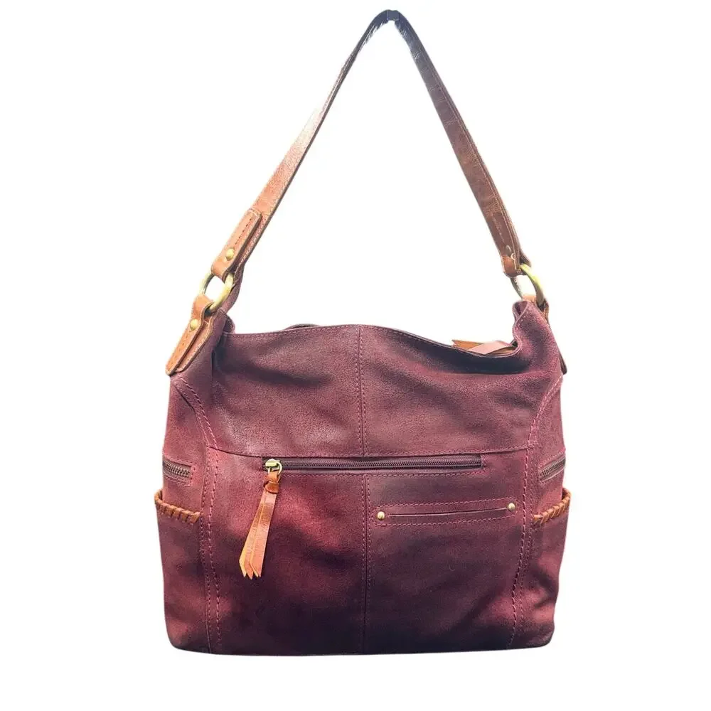 Nino Bossi Burgundy Leather Hobo Bag Whipstitch Boho Shoulder Purse