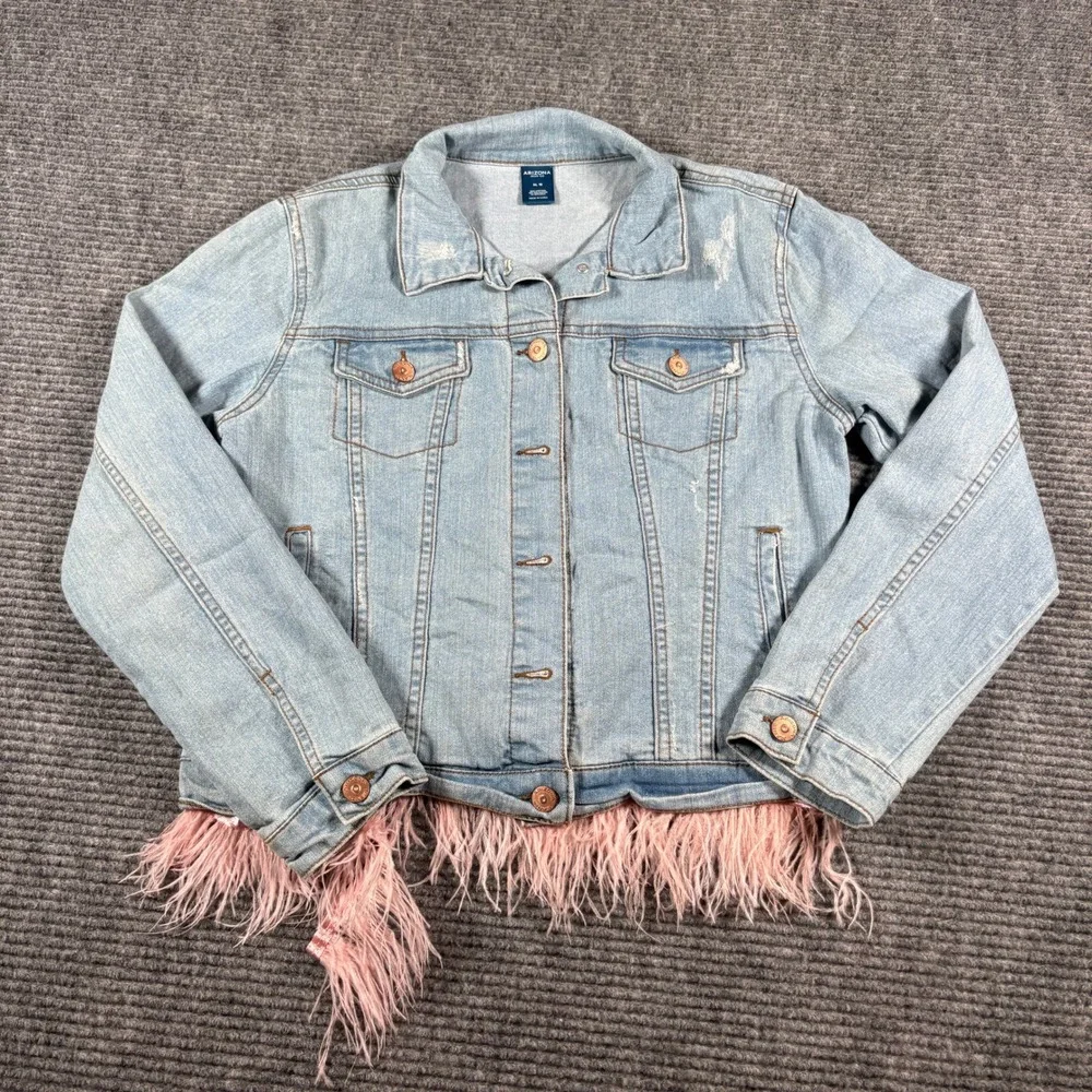 Arizona Jean Co Girls XL 16 Denim Jacket Light Wash Pink Feather Fringe Trim