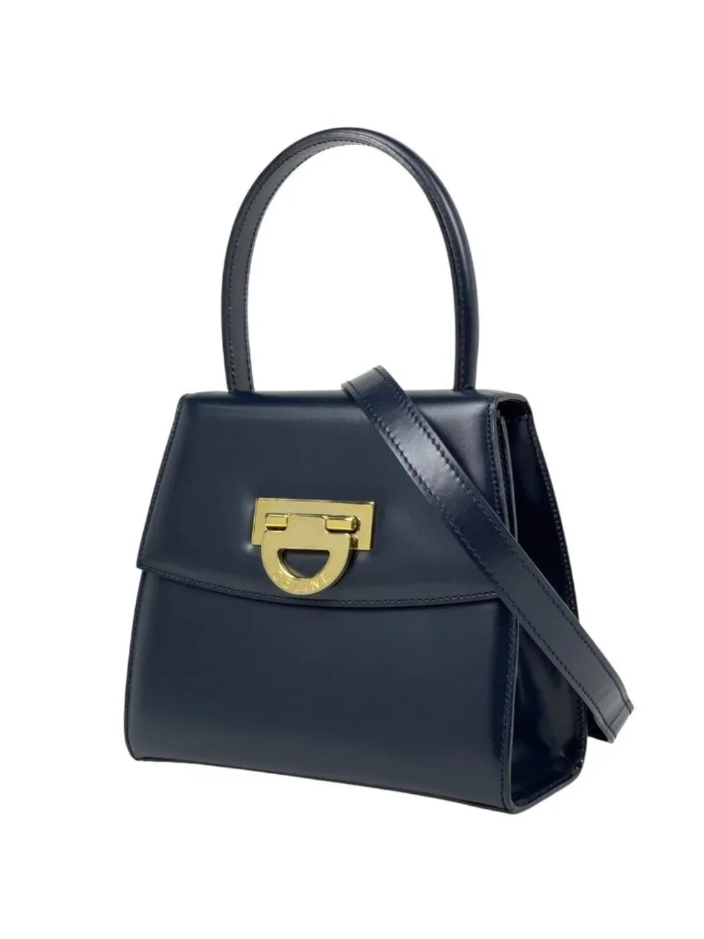 Celine Logo Handbag 2-Way Leather Navy