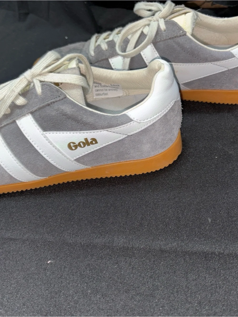 Gola women’s size 9 Gray Suede Sneakers with White Stripes and Gum Sole