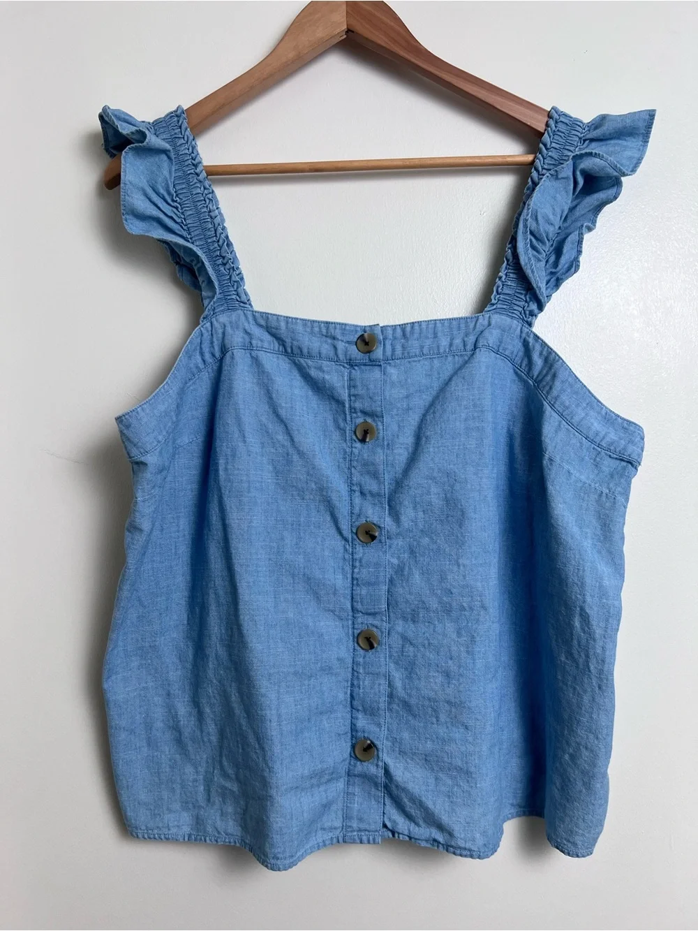 J.Crew Blue Chambray Ruffle Strap Button Front Tank Top XL 100% Cotton