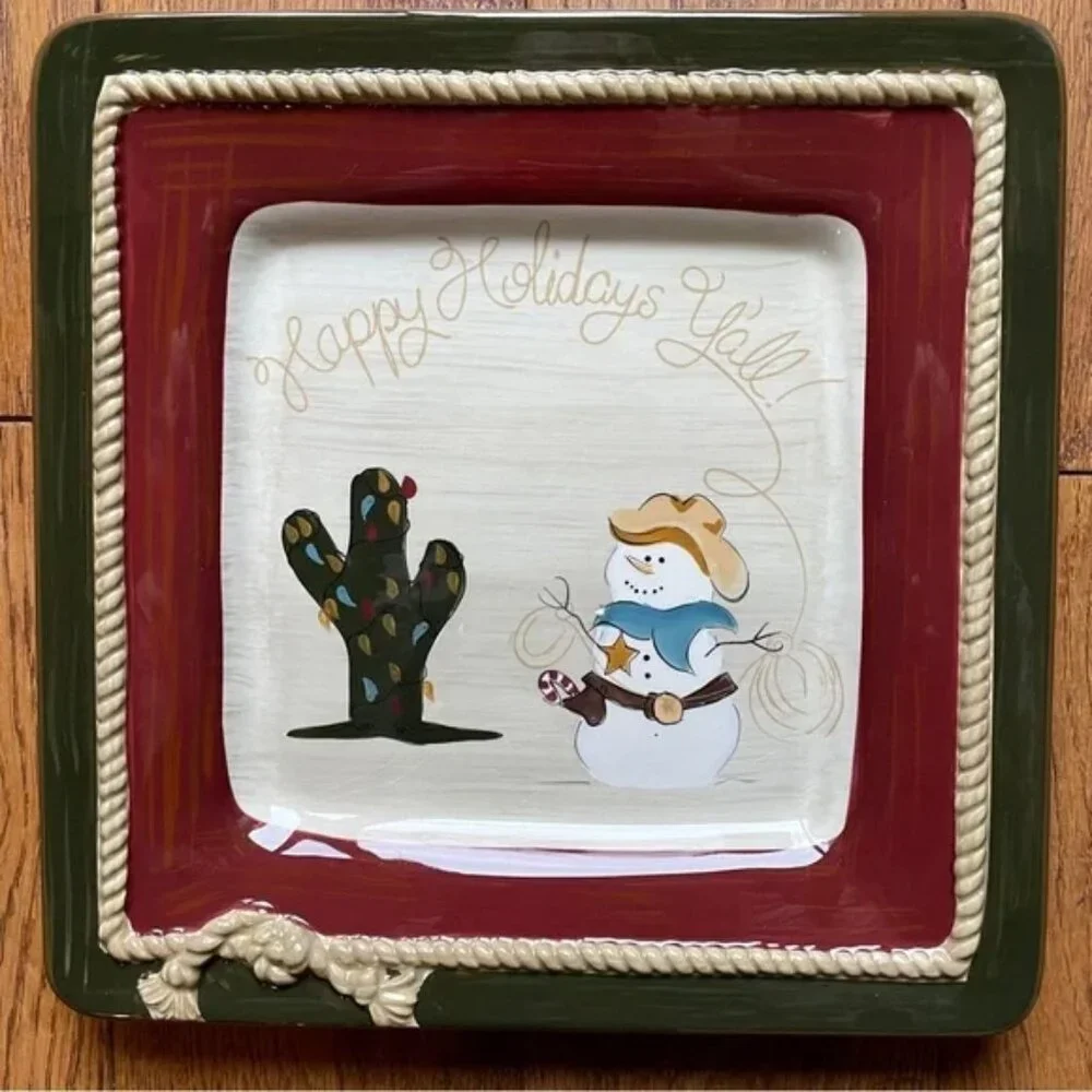 • Sonoma Happy Trails Holiday Western Cowboy Snowman Square Dinner Plate 11x11