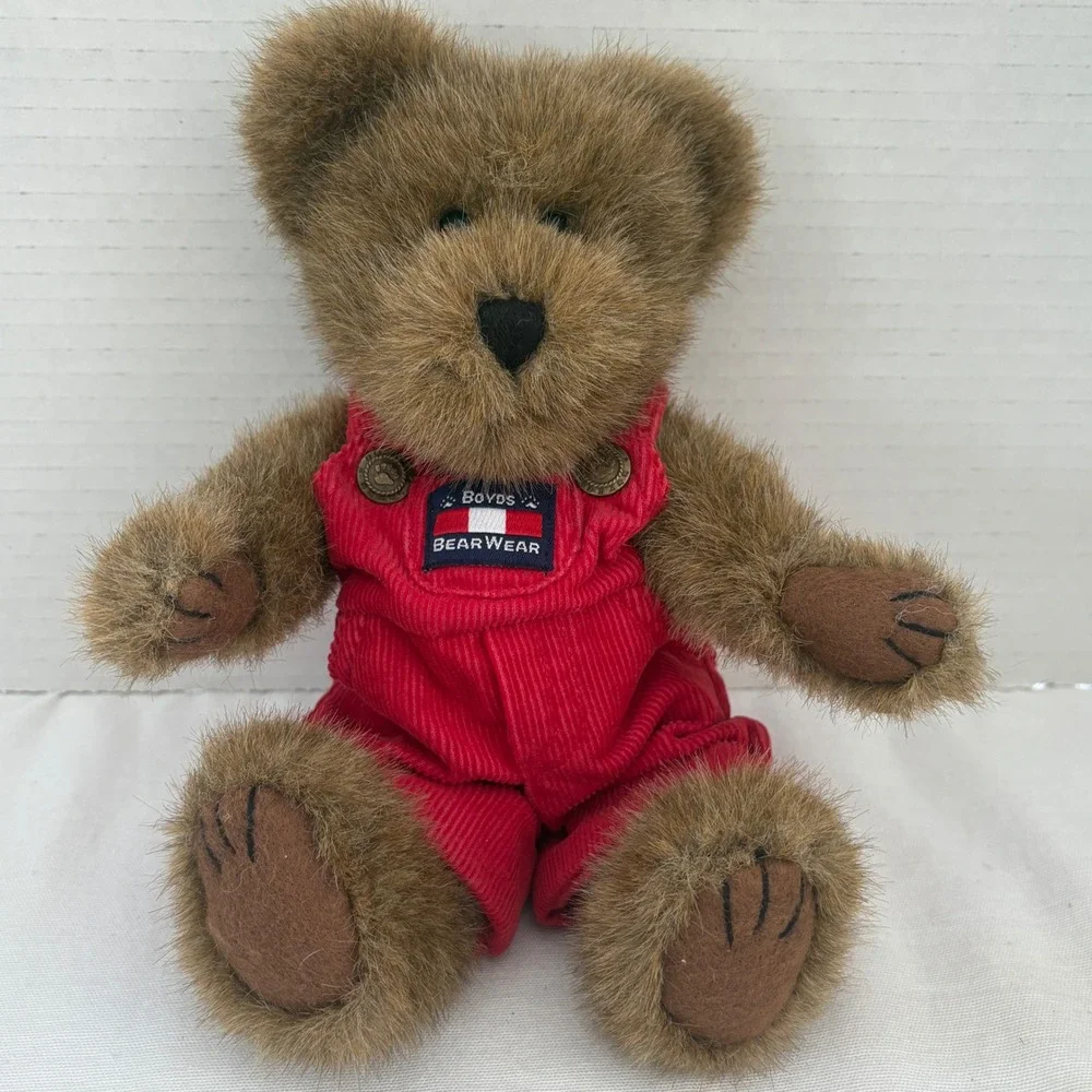 Boyds BearWear Plush Teddy Bear Brown Shaggy‎ Fur Red Corduroy Overalls 10 inch