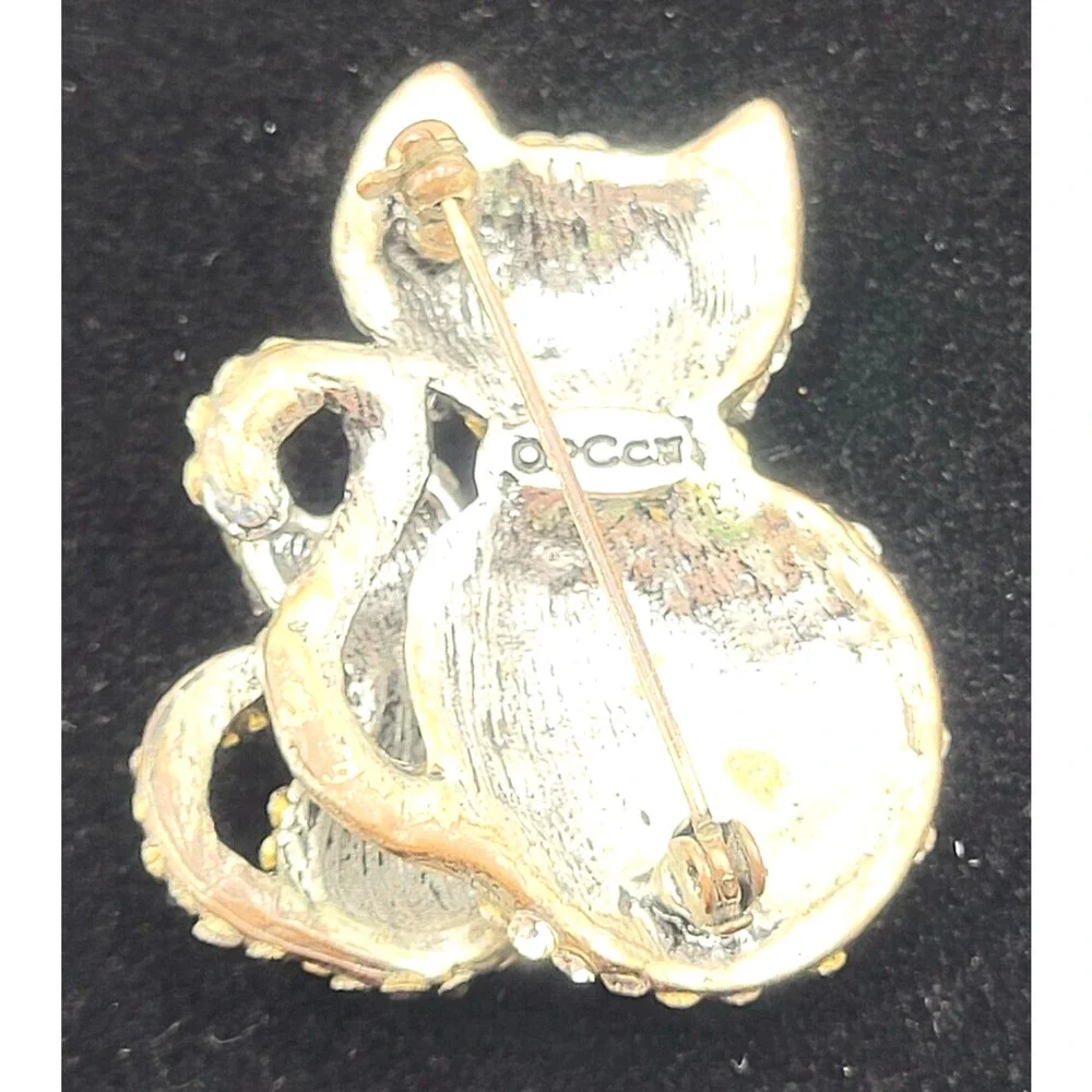 Adorable Rhinestone Cat and Kitten Brooch Pin Silver White Black